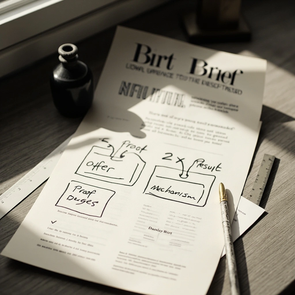 An open Birt Brief newsletter page showing a hand-drawn diagram of the Offer, Proof, and Mechanism sequence.