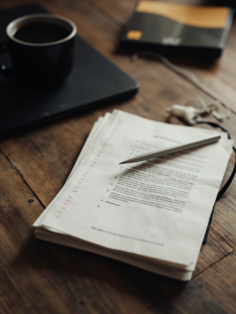 Stack of transcribed customer interview pages with notebook